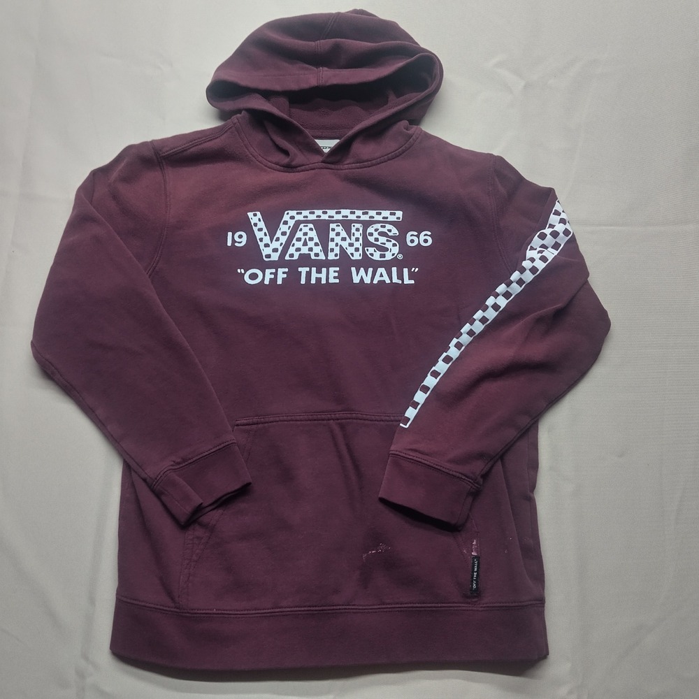 Vans Off The Wall Mens Small Maroon Burgundy Checkerboard Sleeve Pullover Hoodie